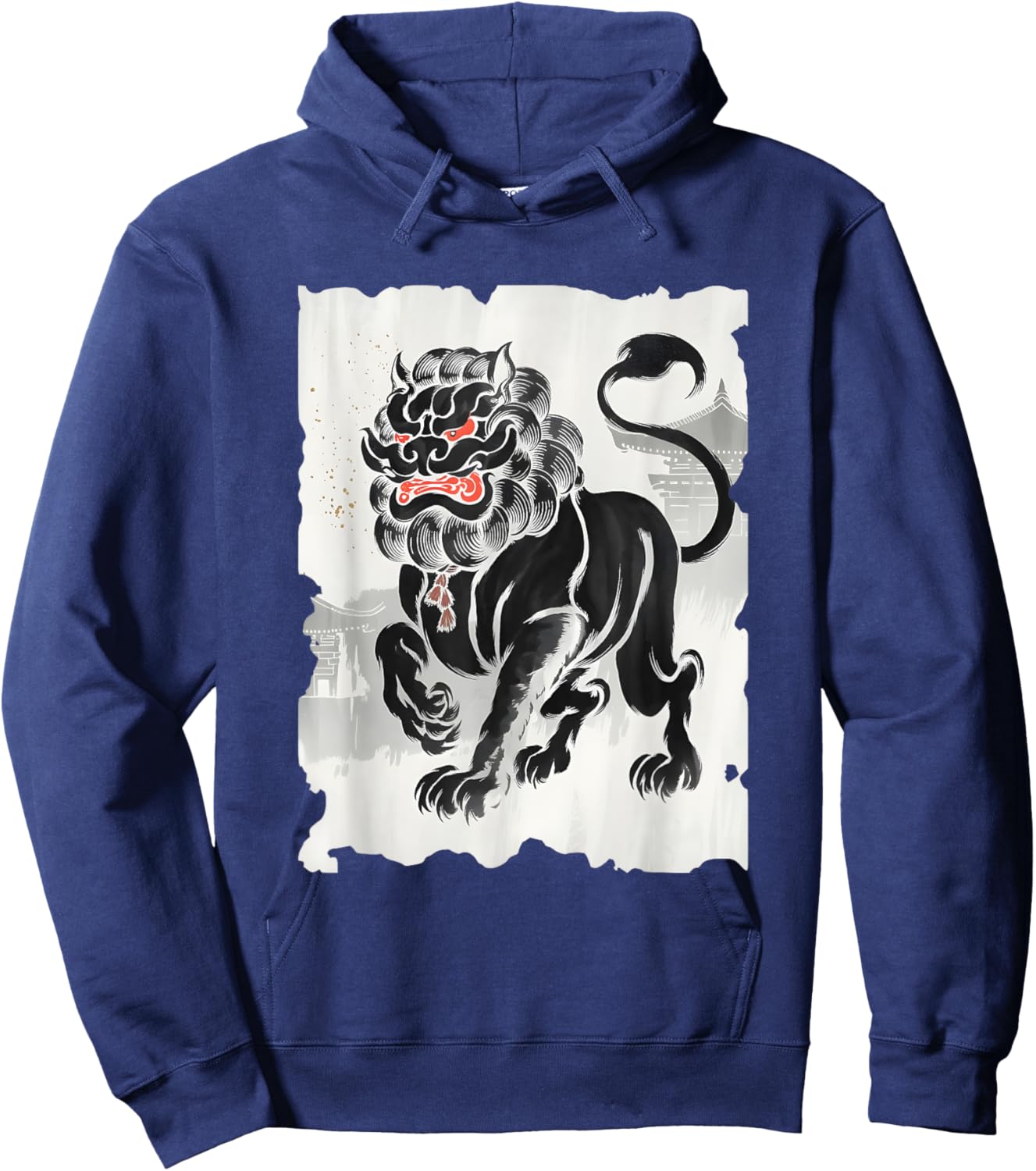Komainu Sumi-e Graphic - Vintage Japanese Art Lion-Dog Hoodie - Hoodie | Navy