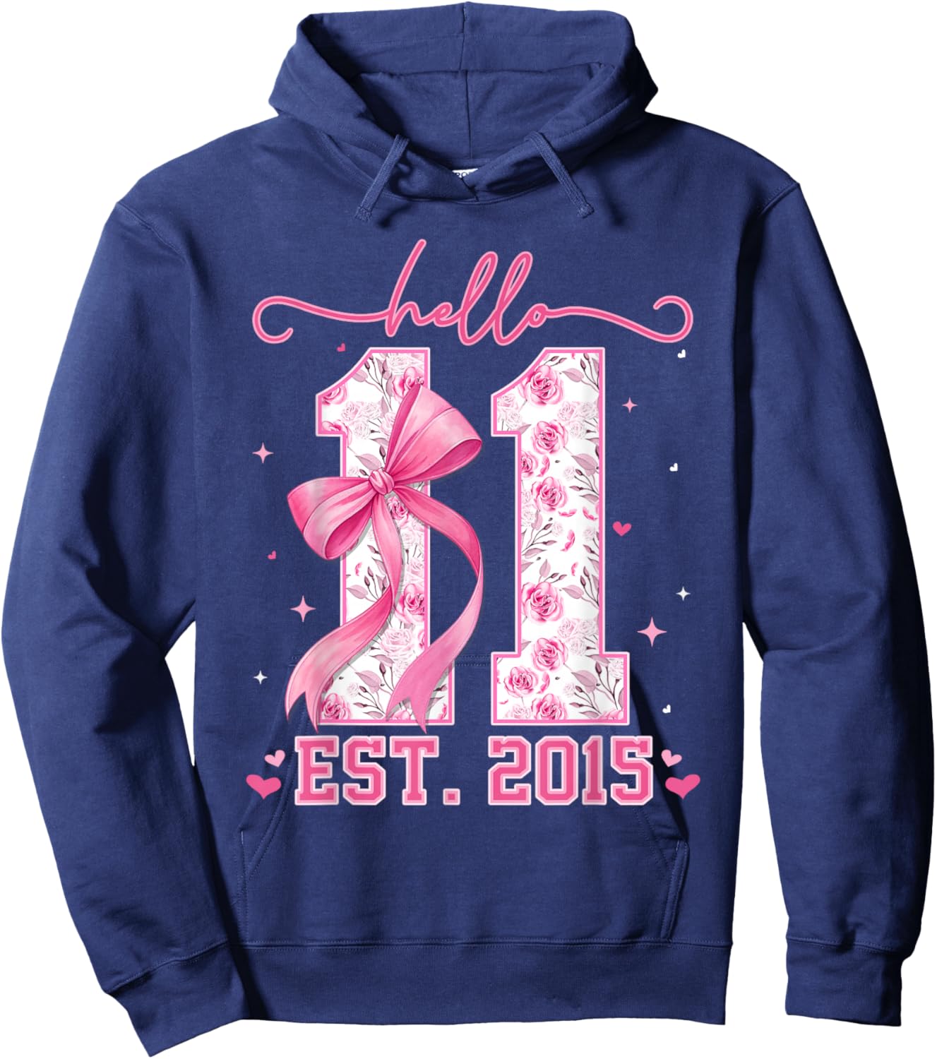 Hello Eleven Est 2015 Pink Coquette Bow 11th Birthday Girls Hoodie - Hoodie | Navy