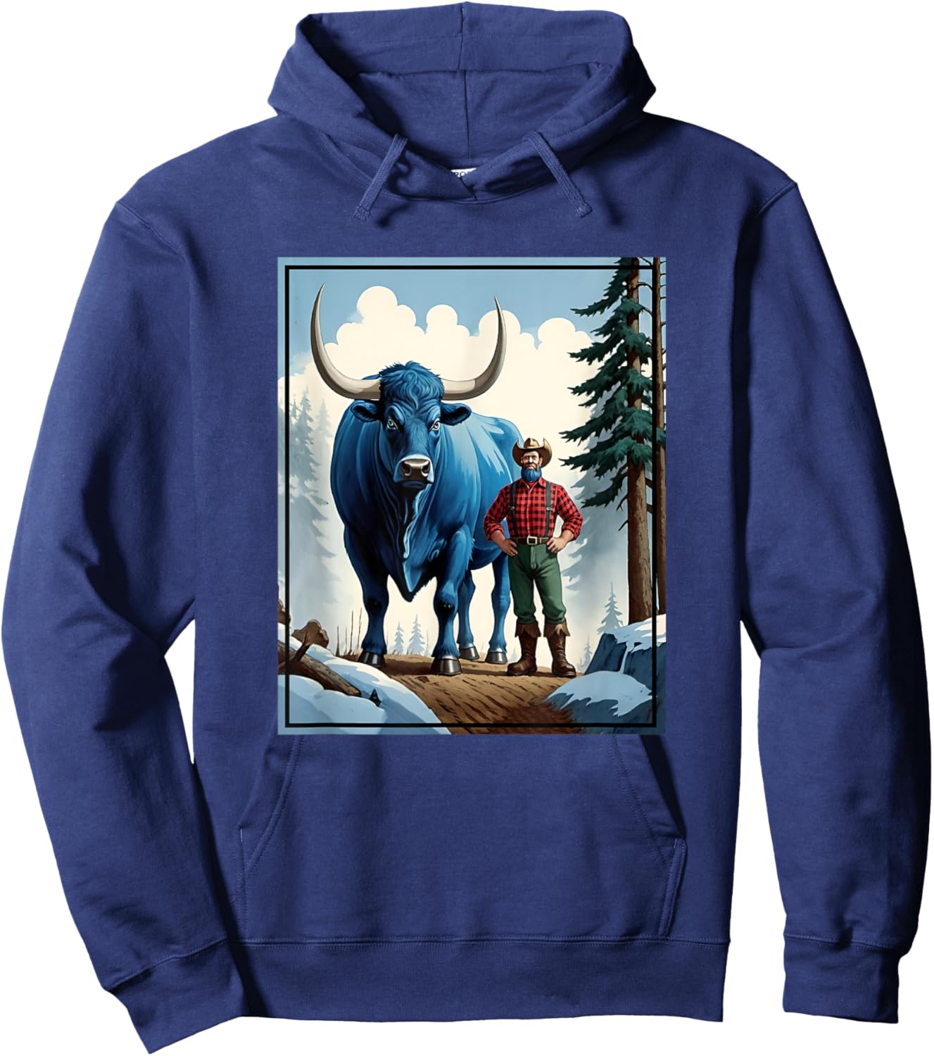 American Lumberjack Folk Hero Paul Bunyan & Babe The Giant Blue Ox in The Woods Hoodie - Hoodie | Navy