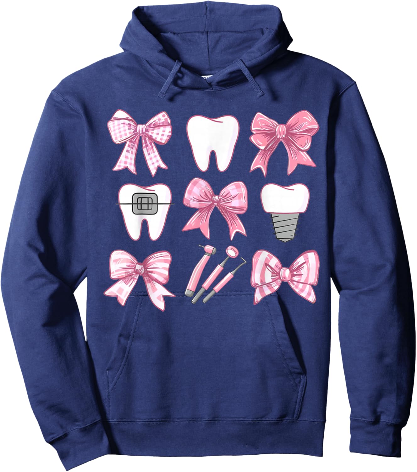 Cute Pink Coquette Bow Teeth Dentist Squad Dental Assistant Hoodie - Hoodie | Navy