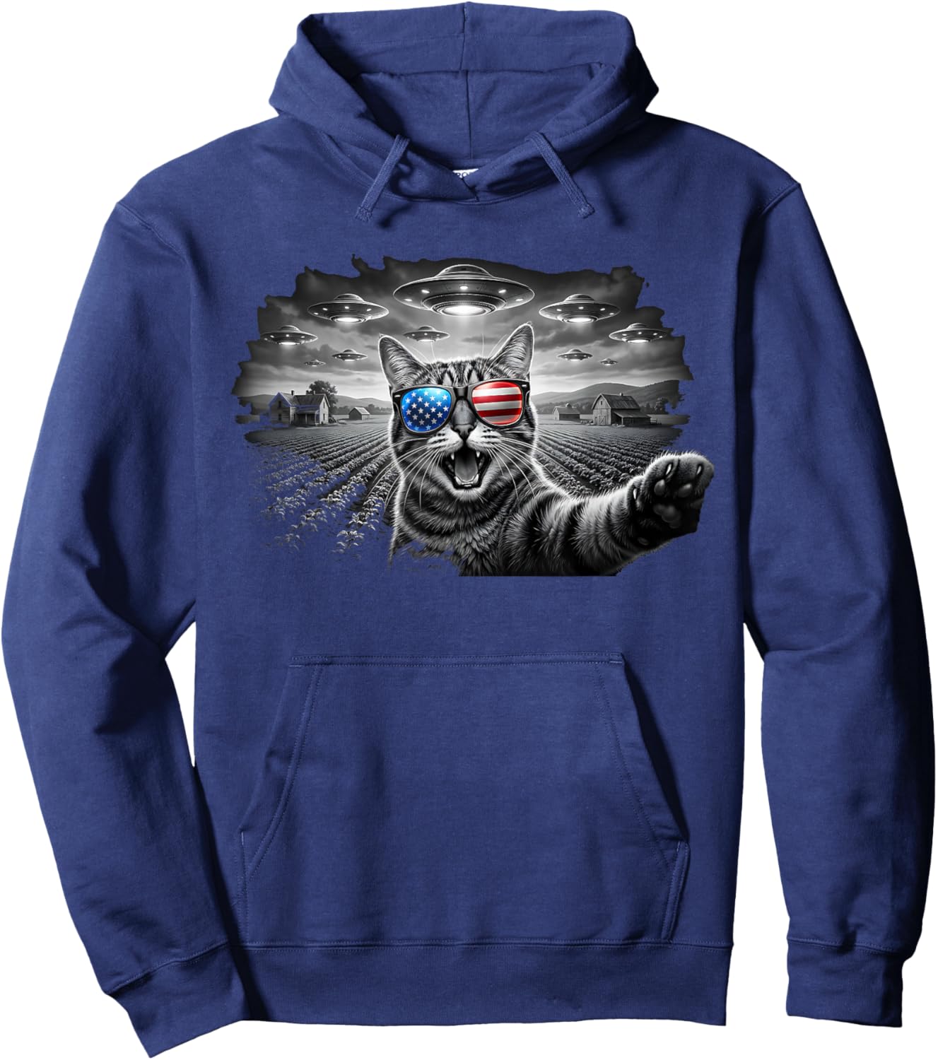 4th of July Cat Selfie with Alien UFO USA Flag Sunglasses Hoodie - Hoodie | Navy
