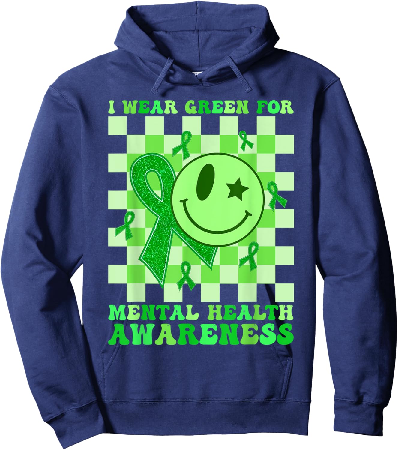 Retro Groovy Green I Wear Green Mental Health Awareness Hoodie - Hoodie | Navy