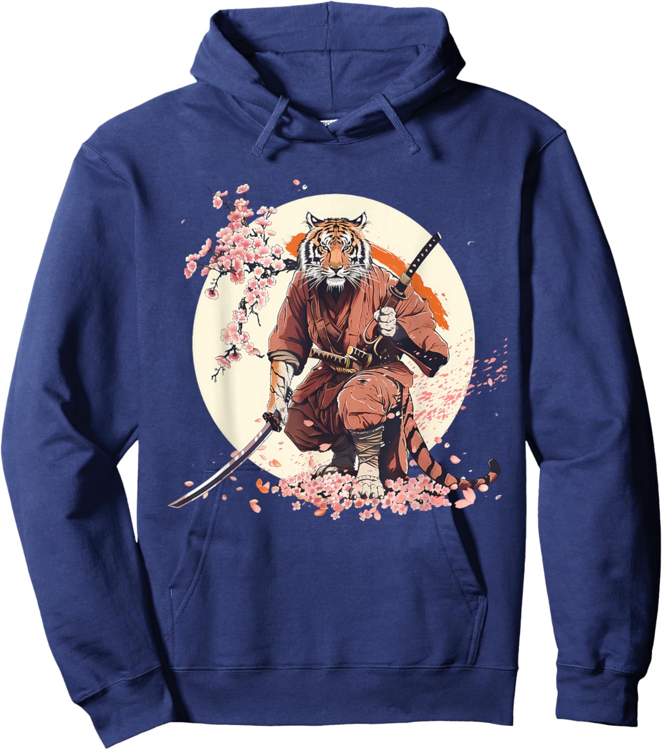 Samurai Tiger Sakura Tree Floral Anime Japanese Ninja Tiger Hoodie - Hoodie | Navy