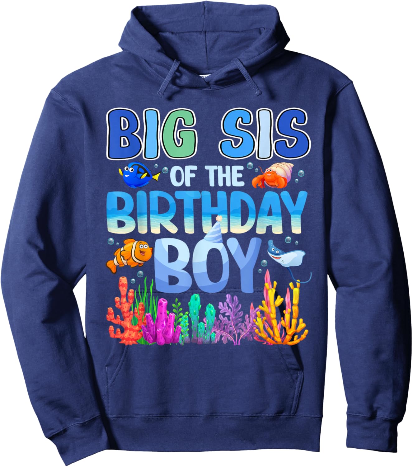 Big Sis of The Birthday Boy Aquarium Sea Animals Matching Hoodie - Hoodie | Navy