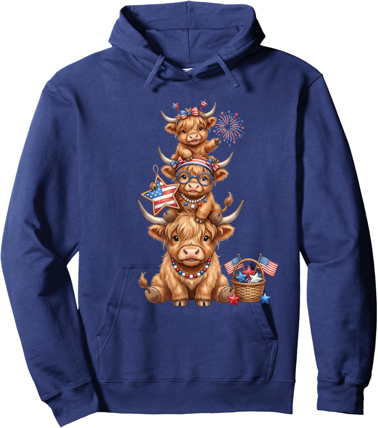 Cute Highland Cow 4th of July Patriotic American Flag Hoodie - Hoodie | Navy