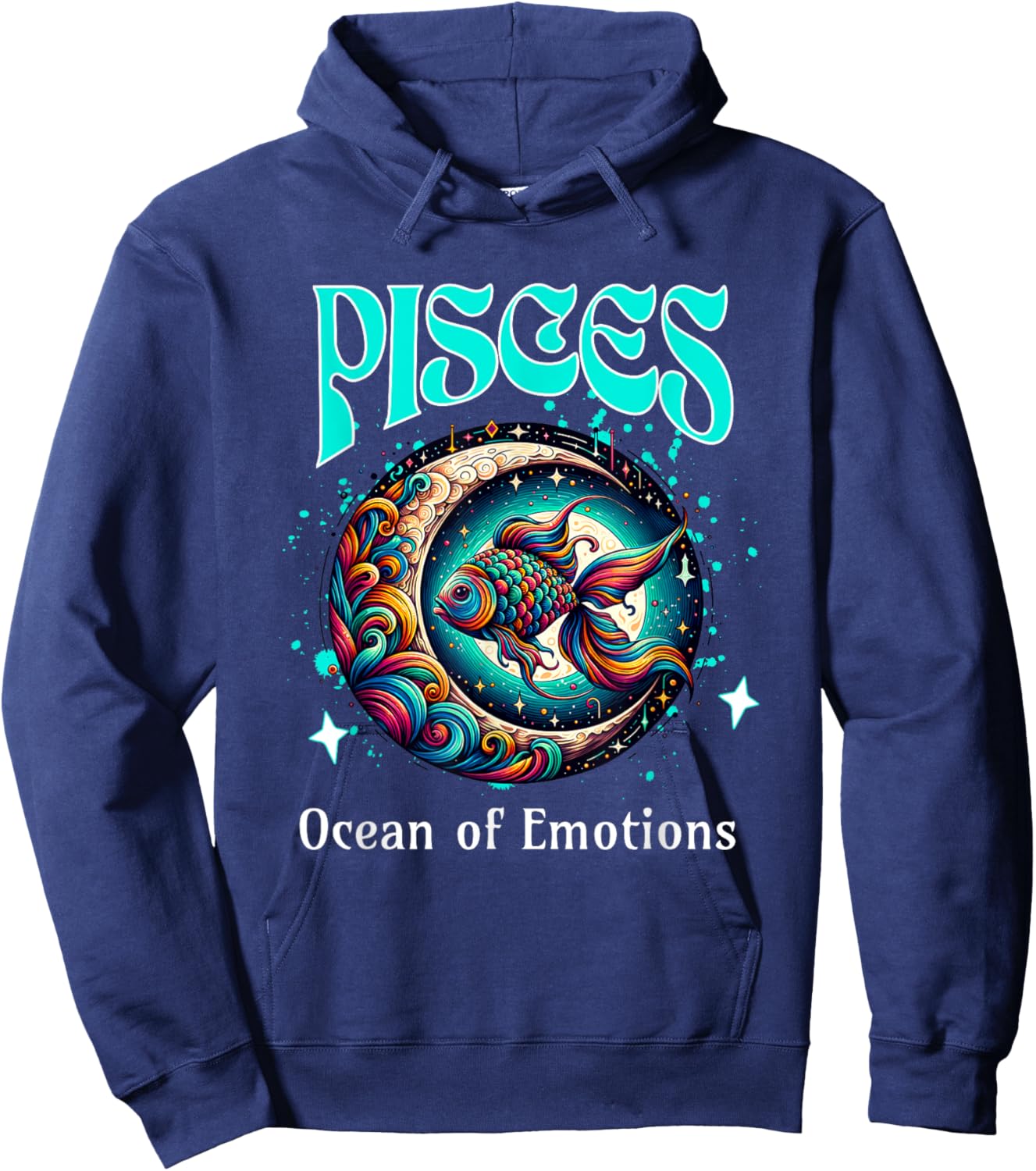 Pisces Ocean of Emotions Moon and Fish Cosmic Zodiac Design Hoodie - Hoodie | Navy
