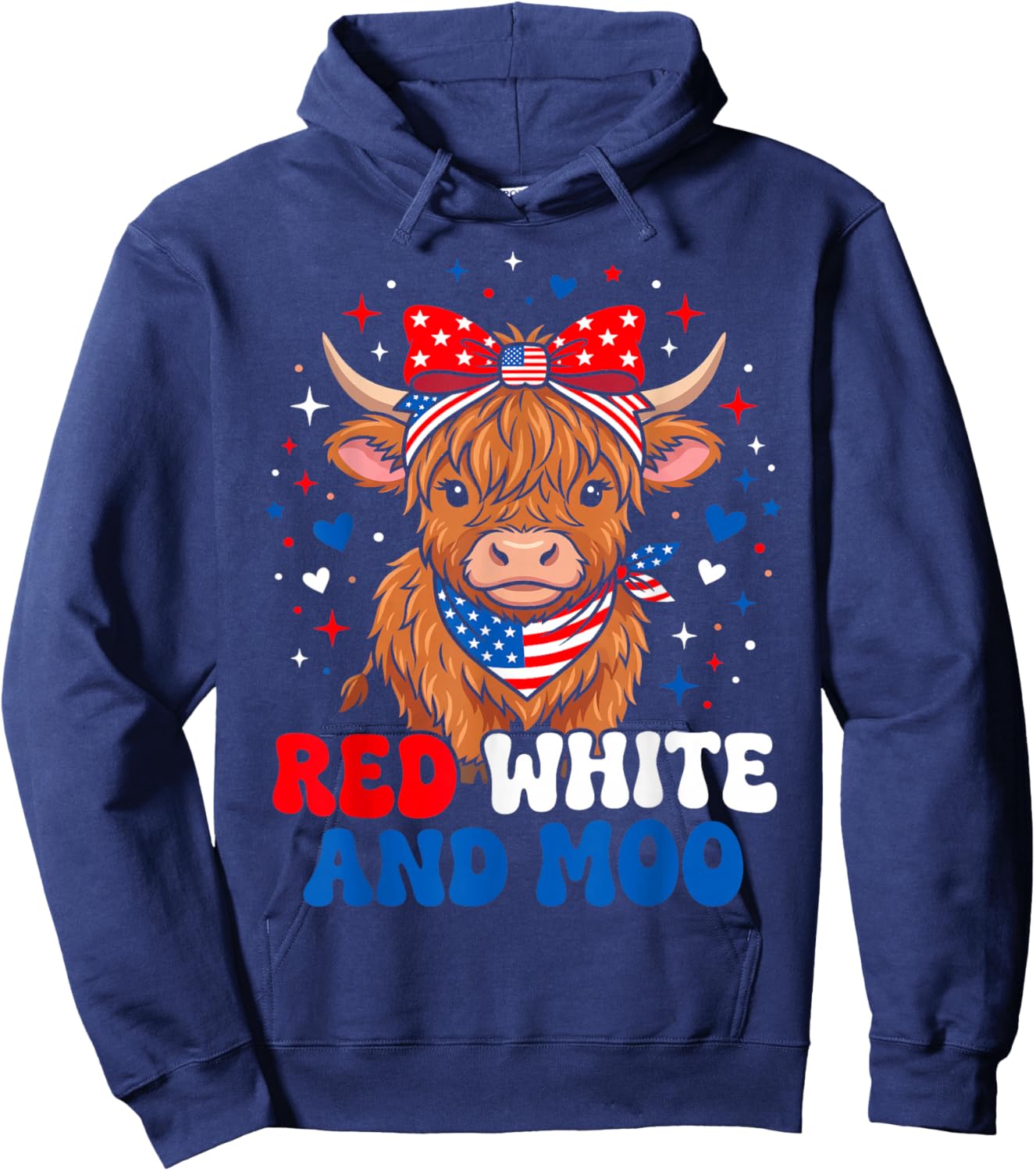 Red White and Moo Cute Patriotic Fluffy Cow 4th of July Hoodie - Hoodie | Navy