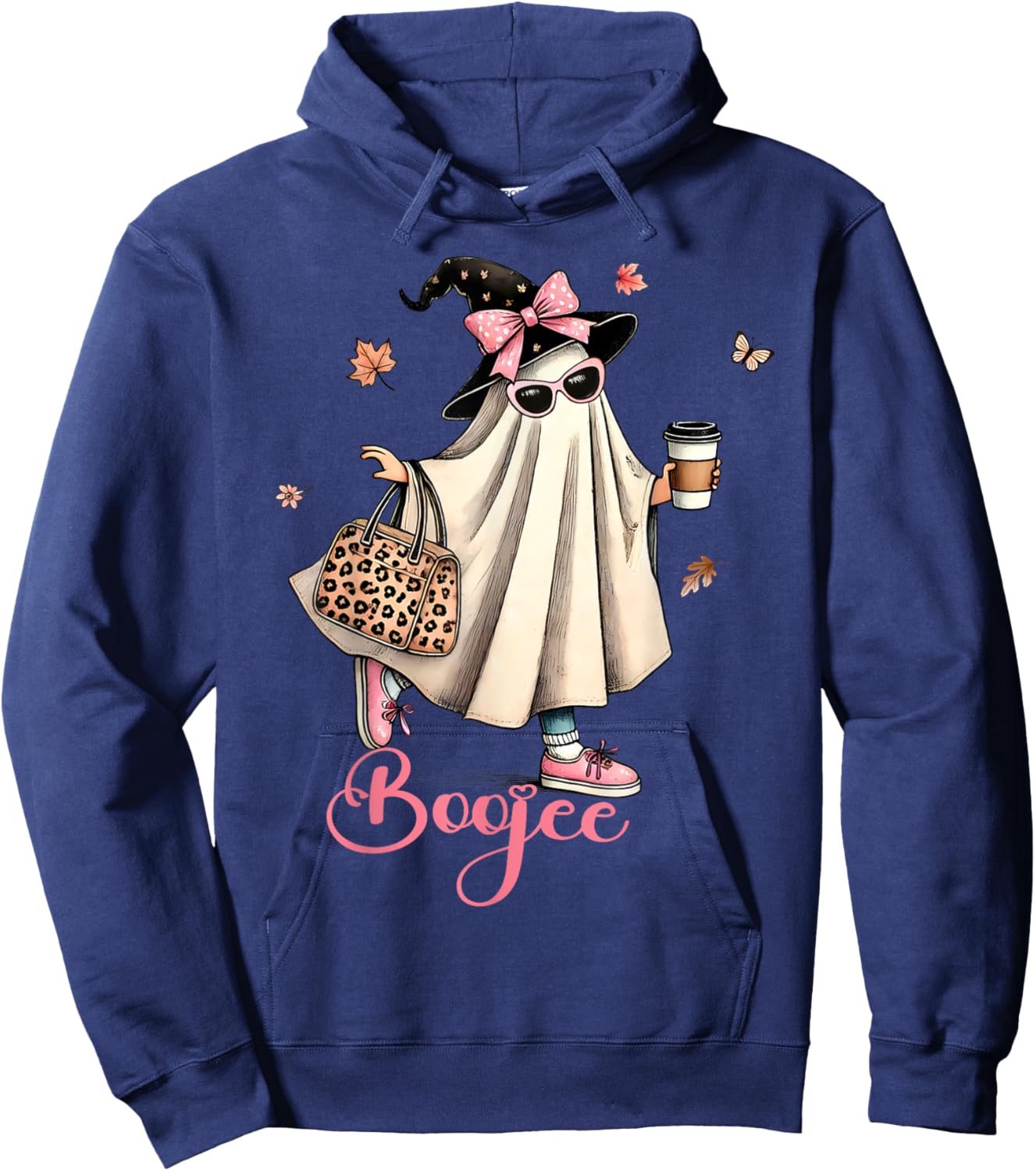 Boo Jee Ghost Drinking Coffee Coquette Bow Halloween Women Hoodie - Hoodie | Navy