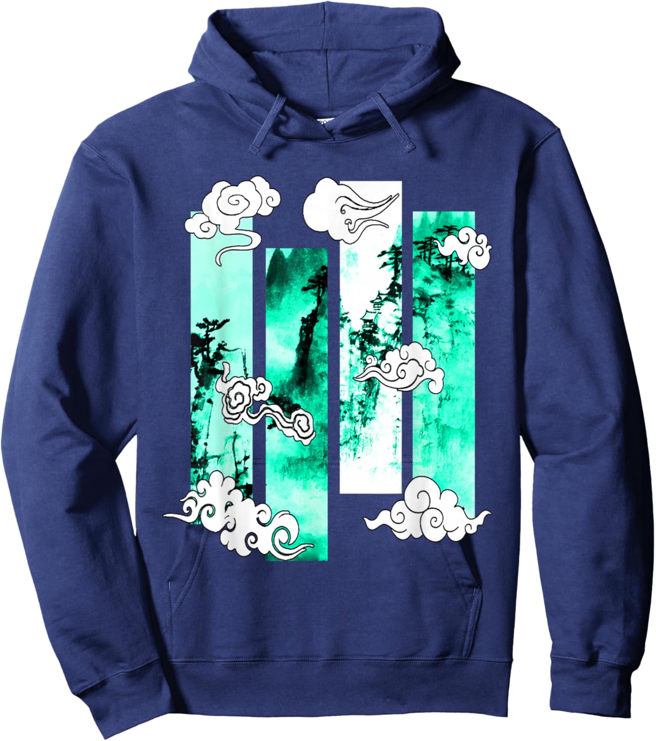 Light Teal Aqua Japanese Cliffs Scene Light Teal Aqua Hoodie - Hoodie | Navy