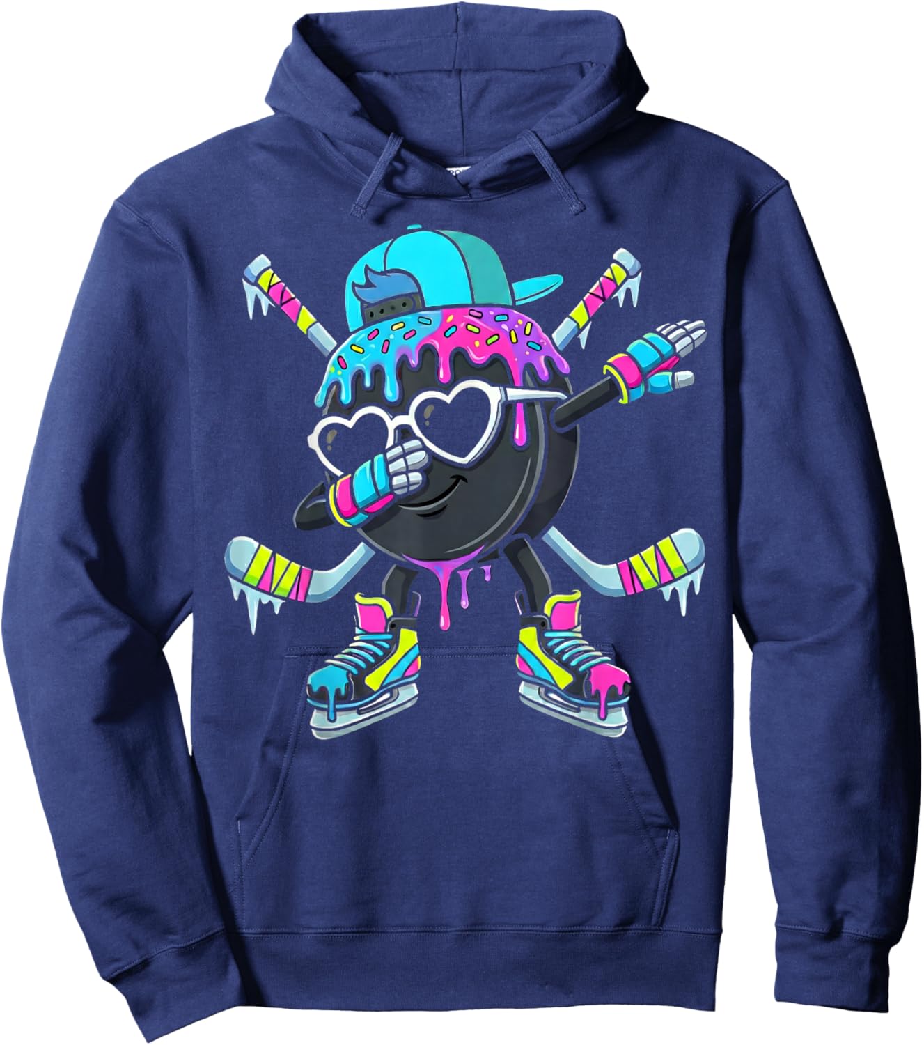 Hockey Ice Cream Drip Dabbing Puck Stakes Sprinkles for Boys Hoodie - Hoodie | Navy