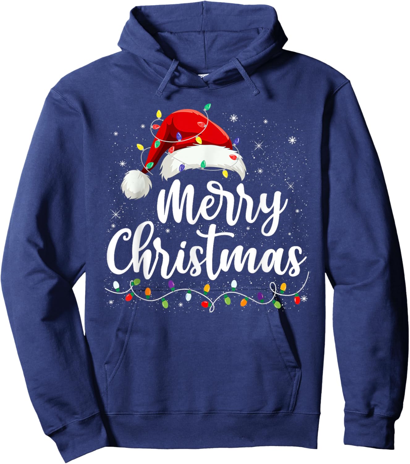 Merry Christmas Lights Red Santa Hat Xmas Family Men Women Hoodie - Hoodie | Navy