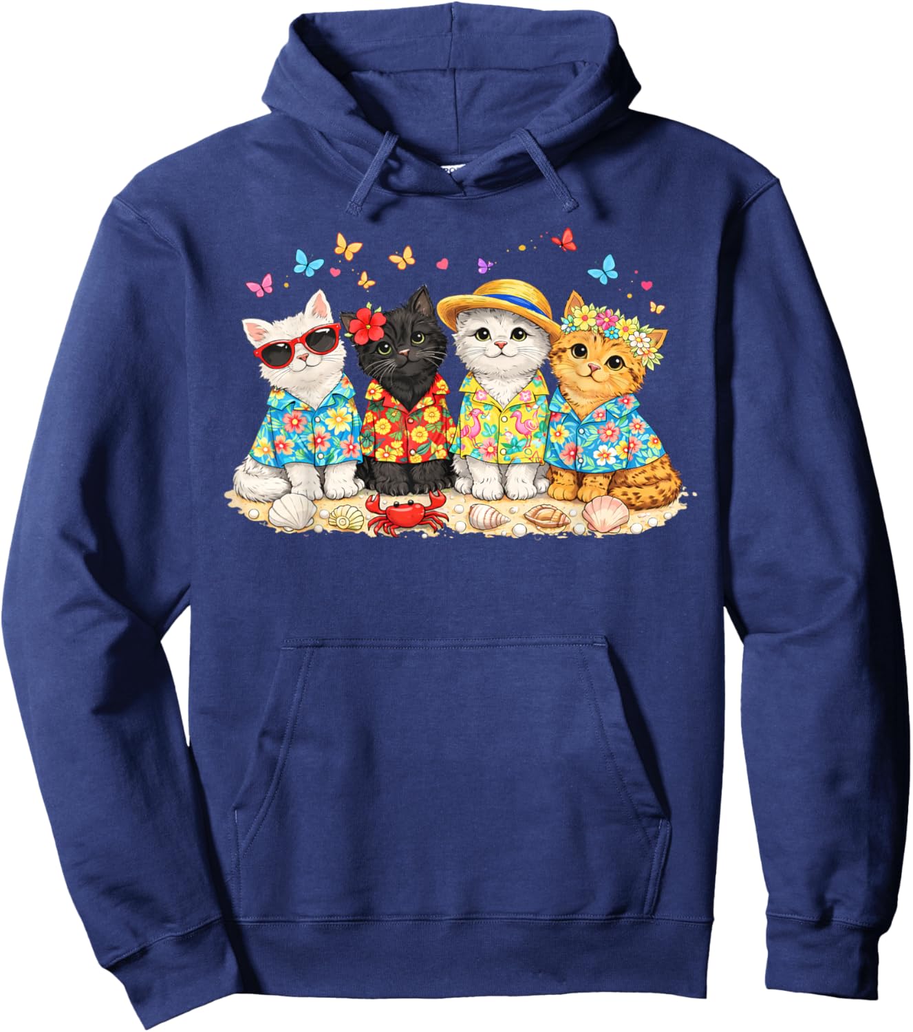 Hello Summer Beach Cats Hawaiian Aloha Cute Kitten Cat Lover Hoodie - Hoodie | Navy