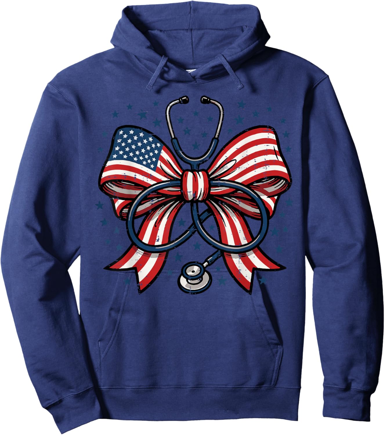 4th of July Nurse US Flag Bow Stethoscope Scrub Top Women Hoodie - Hoodie | Navy