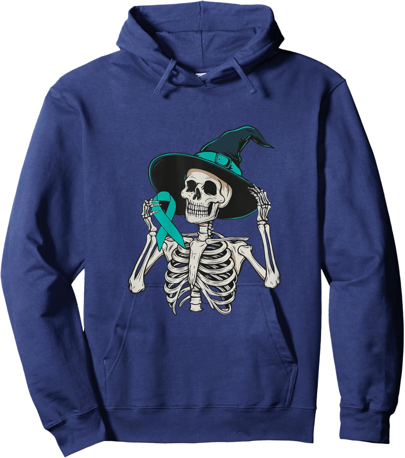 Teal Ribbon Peritoneal Cancer Awareness Skeleton Halloween Hoodie - Hoodie | Navy
