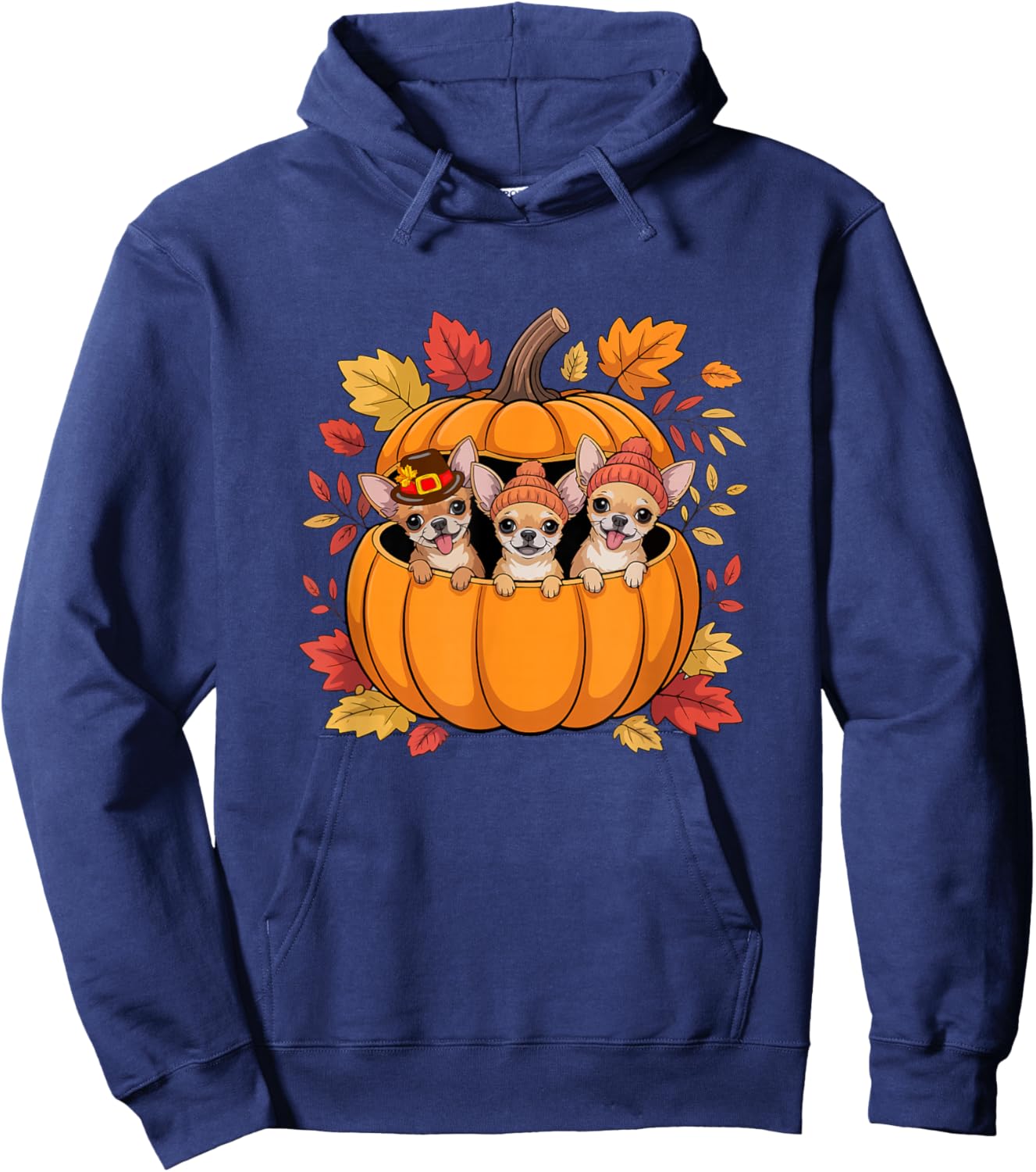 Three Cute Chihuahuas Inside Pumpkin Thanksgiving Autumn Hoodie - Hoodie | Navy