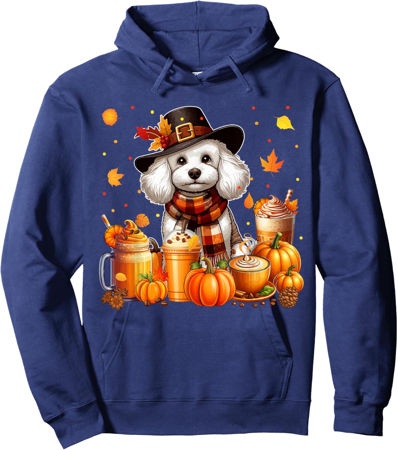 Poodle Thanksgiving Drinks Coffee Fall Leaves Pumpkins Hoodie - Hoodie | Navy