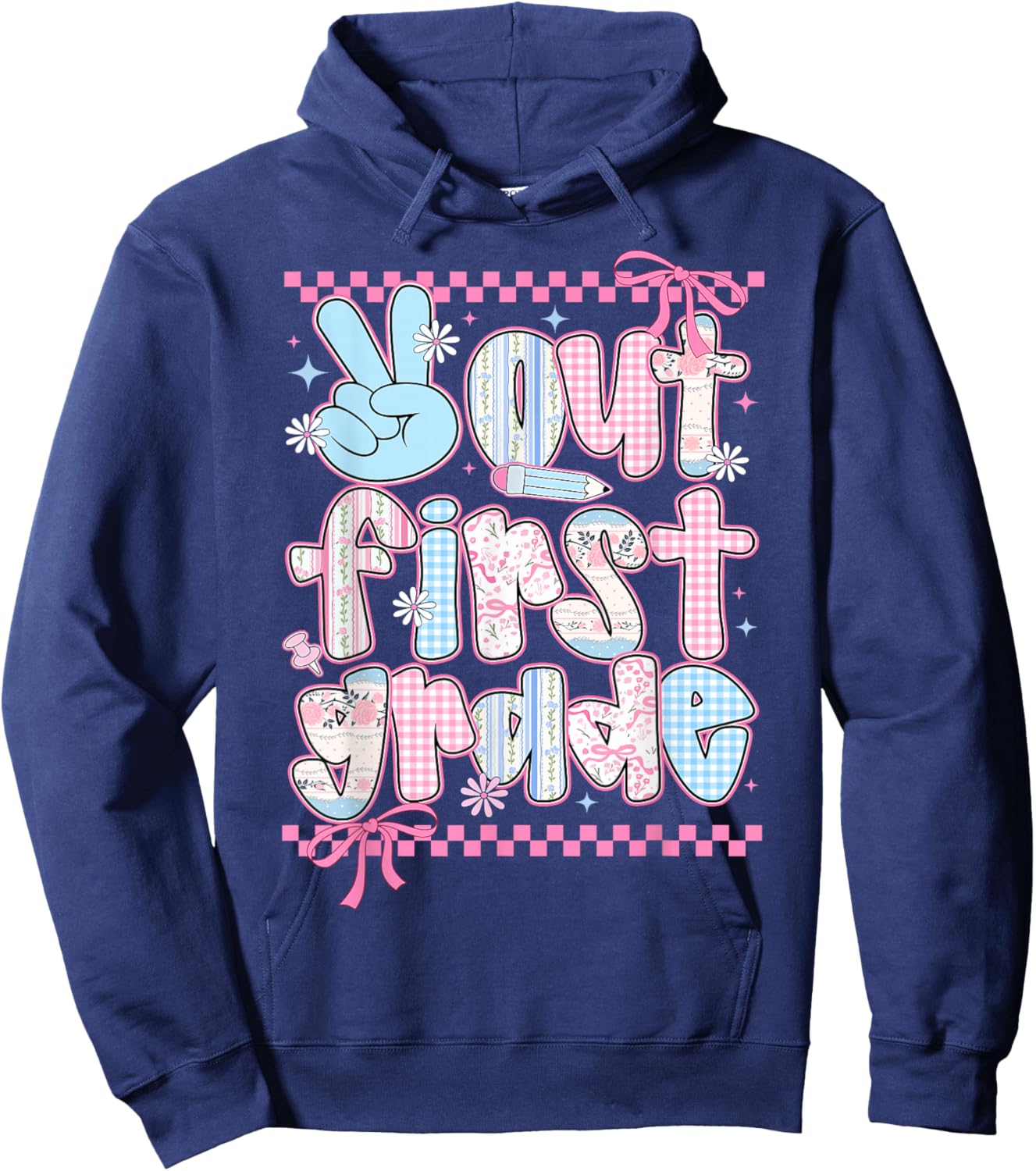 Peace Out First Grade Happy Last Day of School Coquette Bow Hoodie - Hoodie | Navy