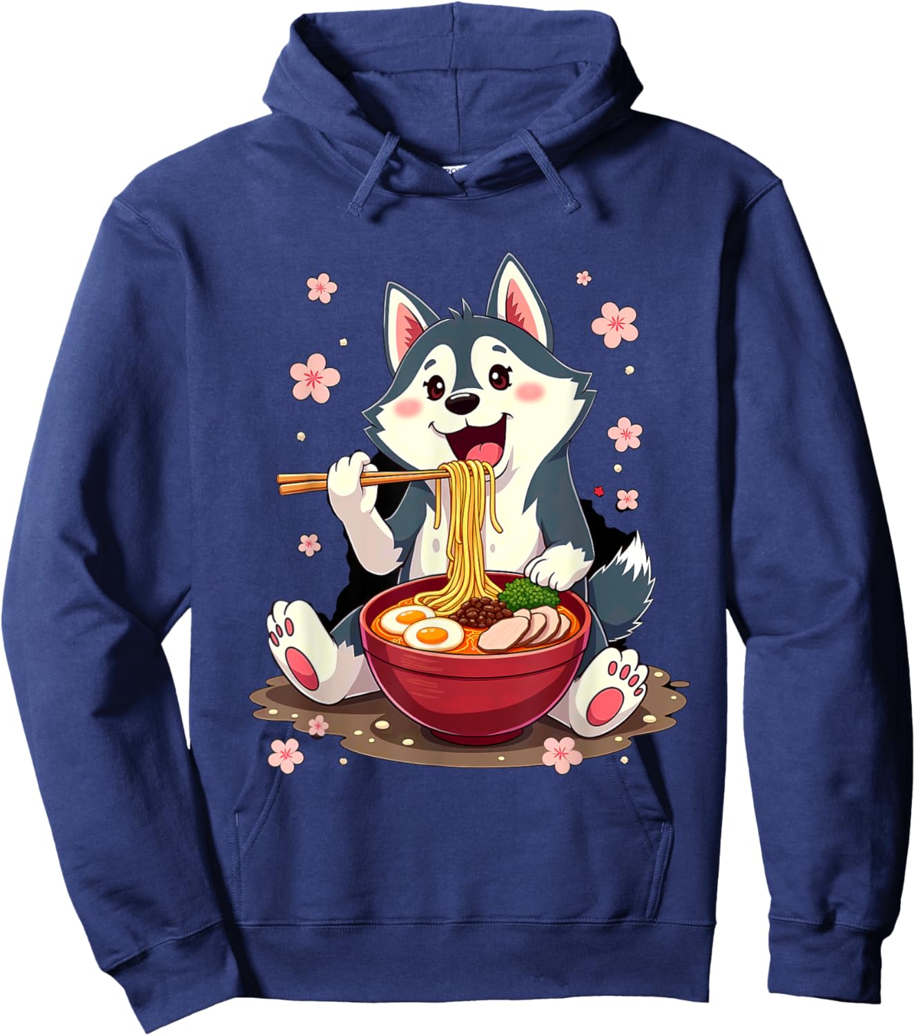 Otaku Husky Dog Ramen Noodles -Adult Anime Manga Kawaii Husky Dog Eating Ramen Black Small Classic Fit Short Sleeve Cotton Blend Machine Wash Hoodie - Hoodie | Navy