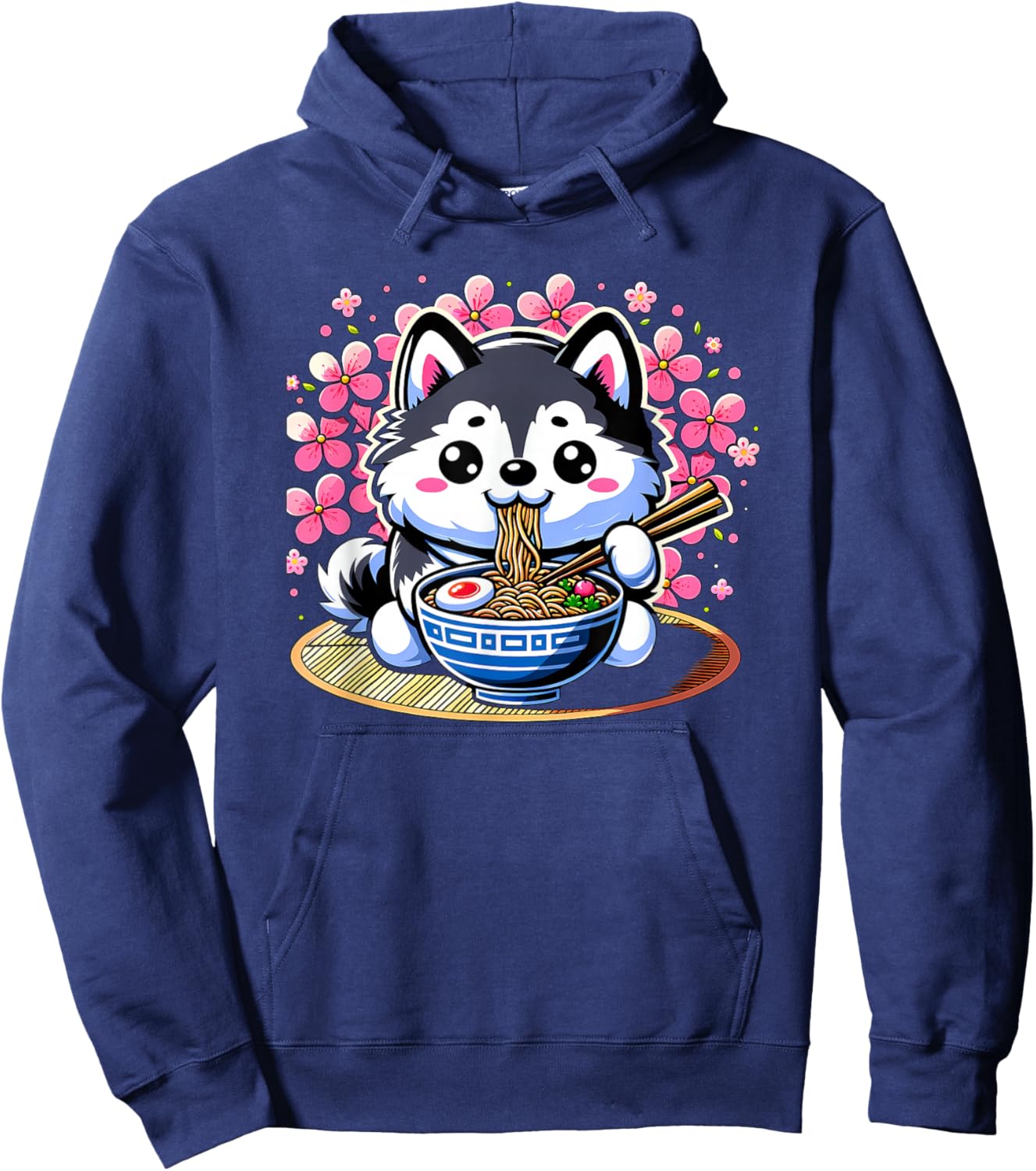 Kawaii Siberian Husky dog Eating Ramen Hoodie - Hoodie | Navy