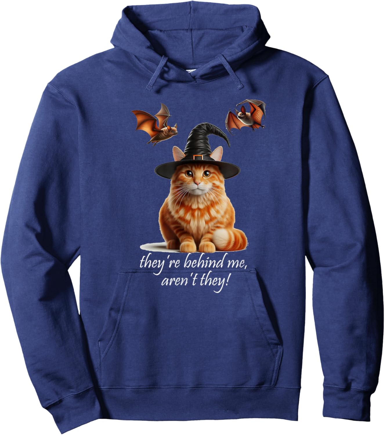Cat Series. Halloween Orange Cat 2 Bats. They're Behind me. Hoodie - Hoodie | Navy