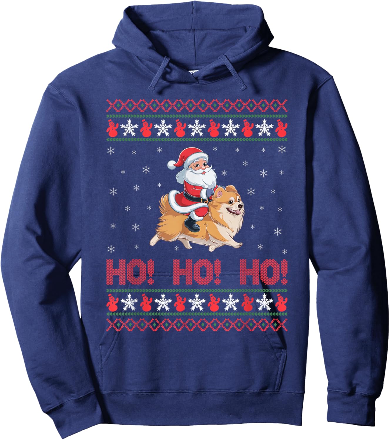 Ho Ho Ho Santa Riding Pomeranian Dog Ugly Christmas Sweater Men Women Kids Hoodie - Hoodie | Navy
