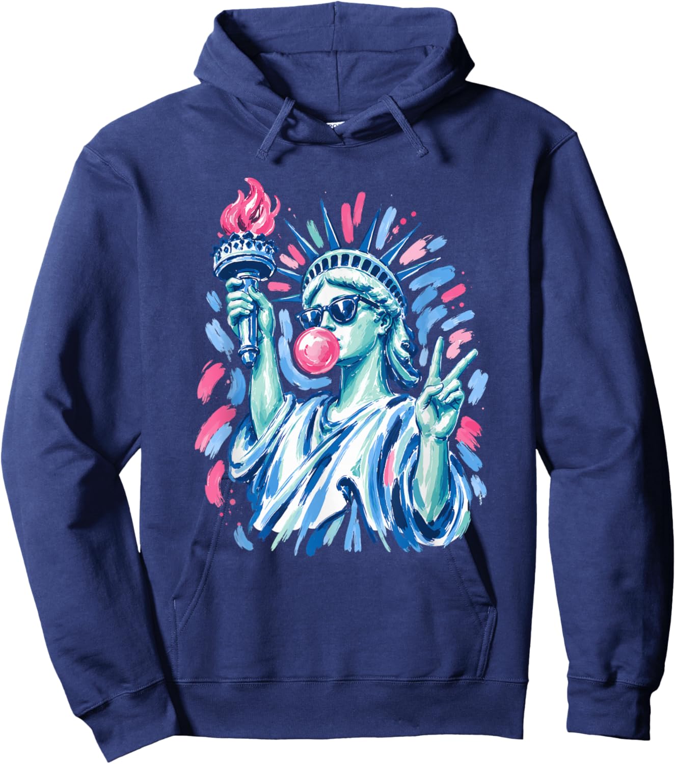4th of July Preppy Statue of Liberty Blowing Bubble Gum Hoodie - Hoodie | Navy