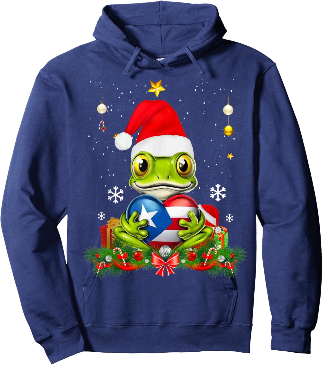 Patriotic Puerto Rico Flag Frog Tree Christmas Puero Rican Hoodie - Hoodie | Navy
