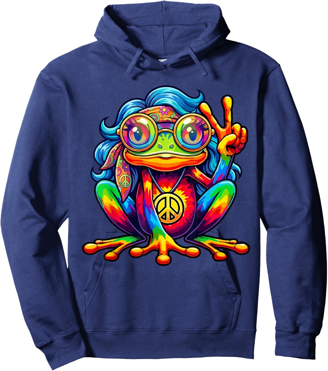 Hippie Tie-Dye Frog Girls Women Peace Sign 60s 70s Hoodie - Hoodie | Navy