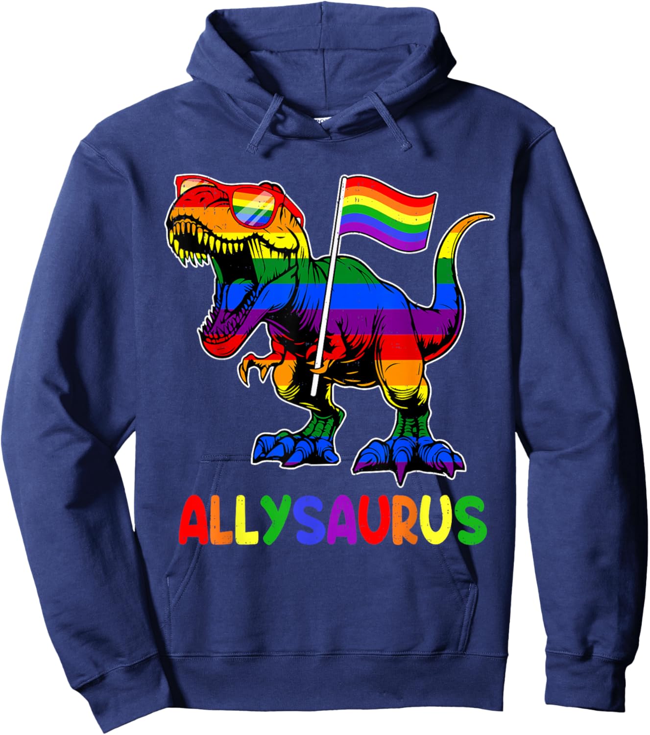 Dinosaur Rainbow Allysaurus LGBTQ Gay Pride Ally Men Kids Hoodie - Hoodie | Navy