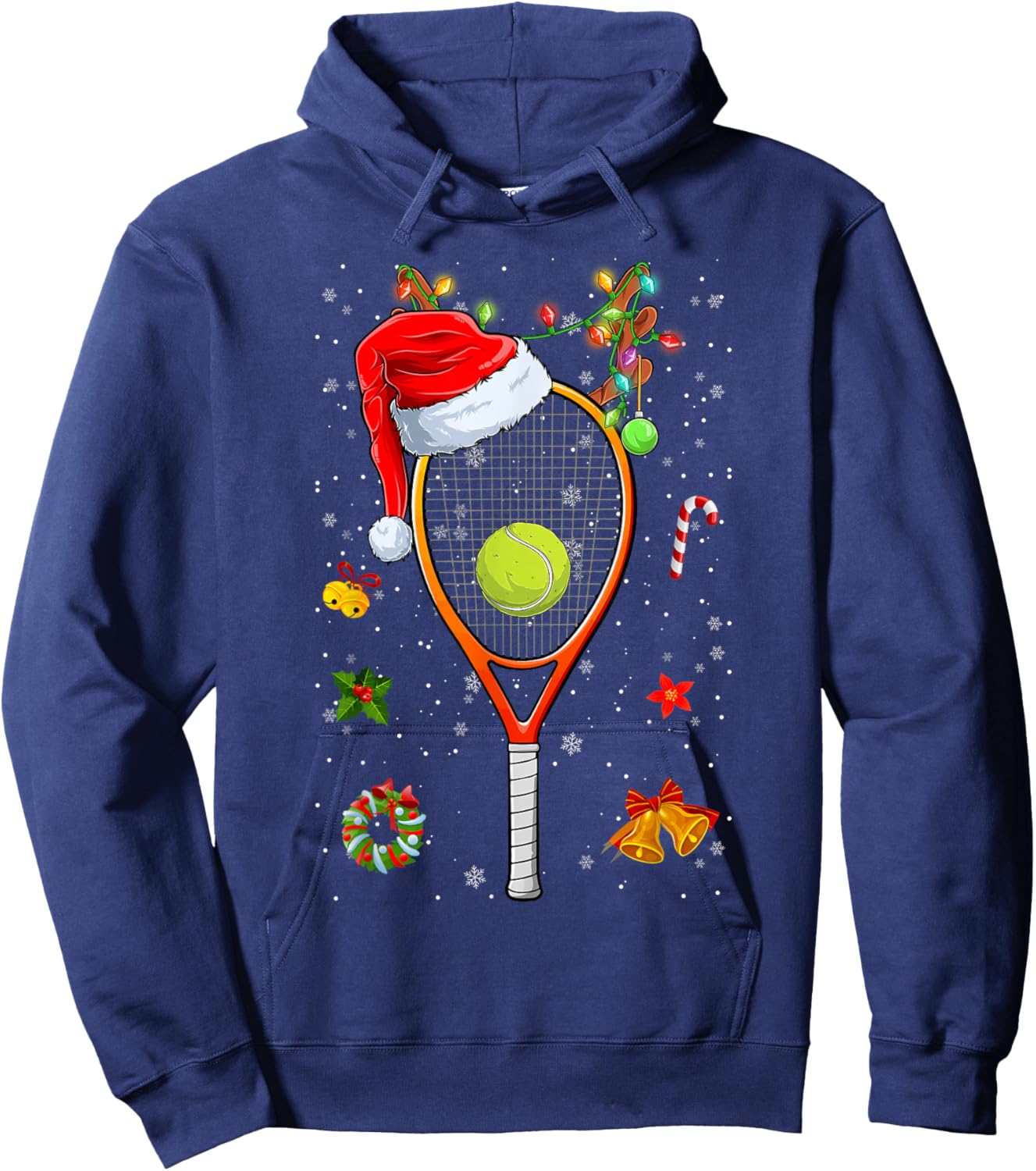 Funny Tennis Racket Reindeer Santa Hat Christmas Lights Xmas Hoodie - Hoodie | Navy