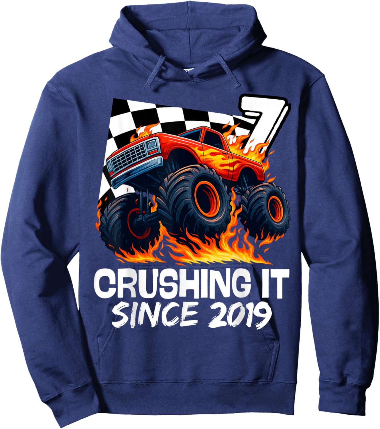Birthday Monster Truck 7 Year Old Boys 7th Party Born 2019 Hoodie - Hoodie | Navy