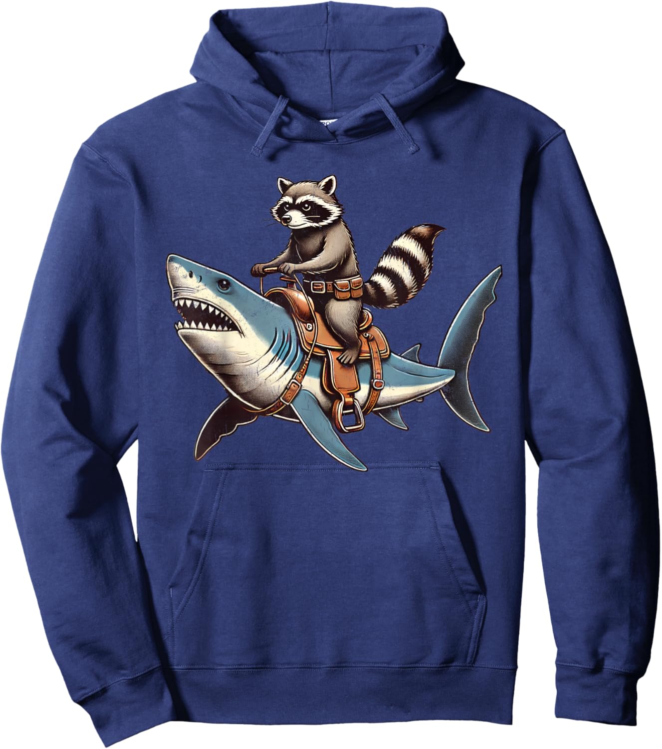 Vintage Raccoon Shark Rider Funny Retro Raccoon Riding Shark Hoodie - Hoodie | Navy