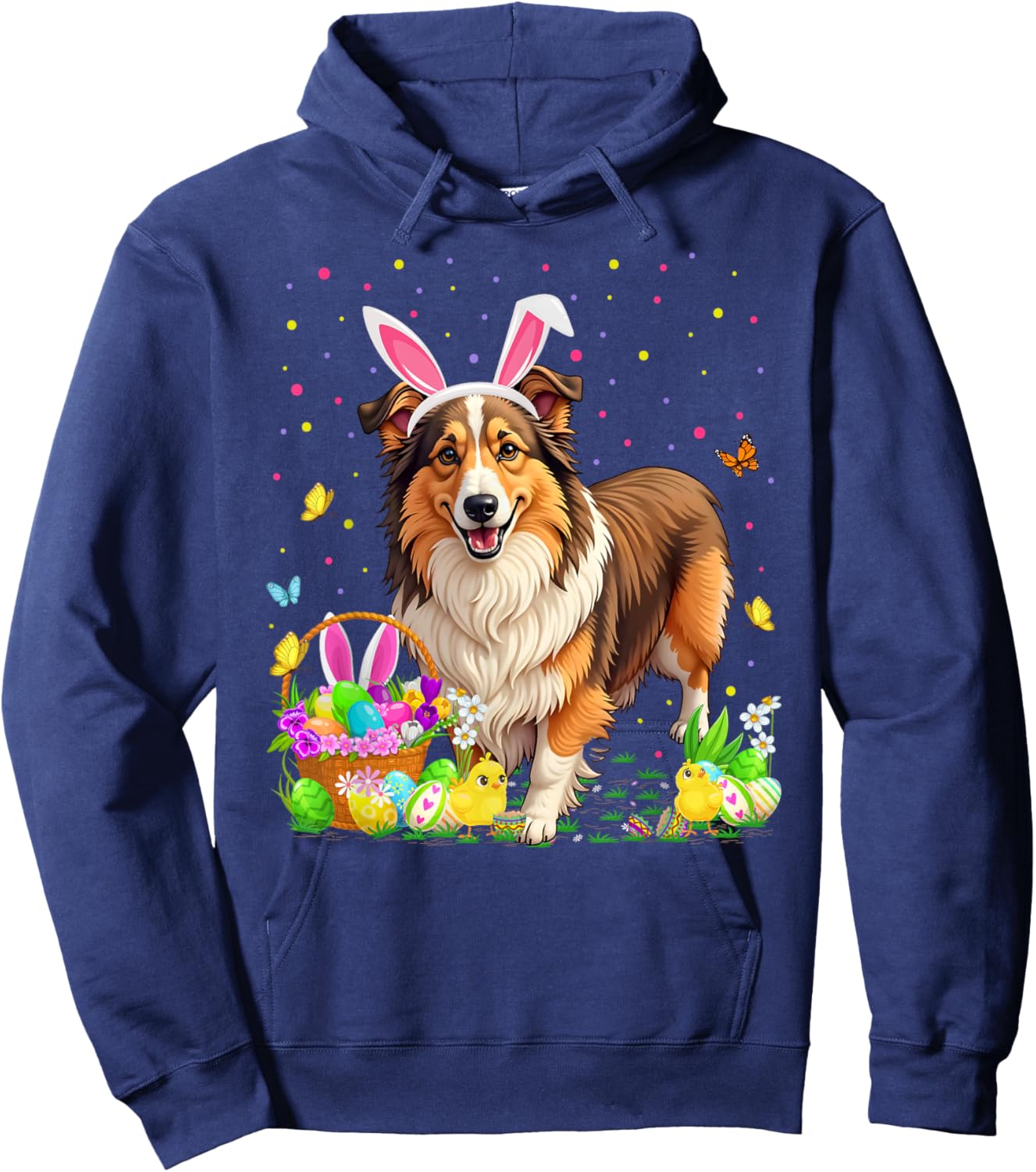 Sheltie Dog Easter Egg Hunt Bunny Ear Sheltie Easter Hoodie - Hoodie | Navy