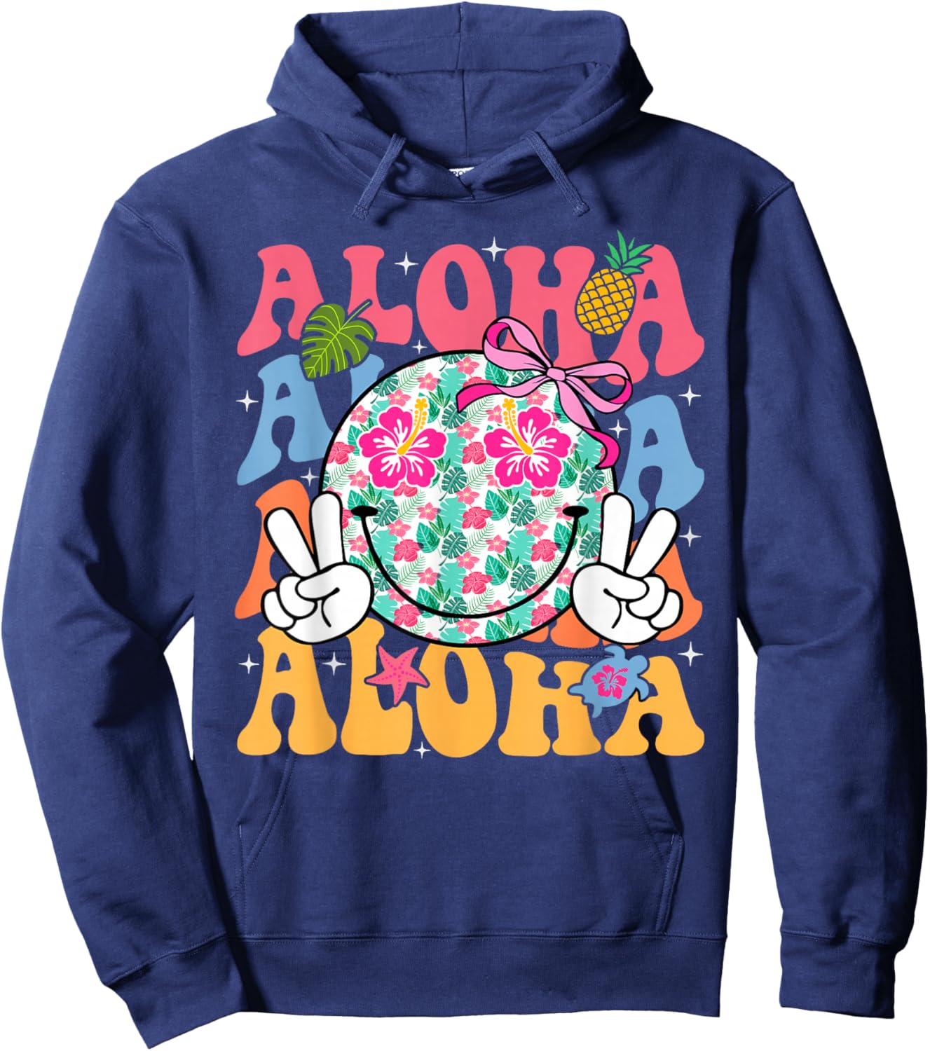 Aloha Hawaiian Cute Smile Face Shaka Hibiscus Kids Girls Hoodie - Hoodie | Navy