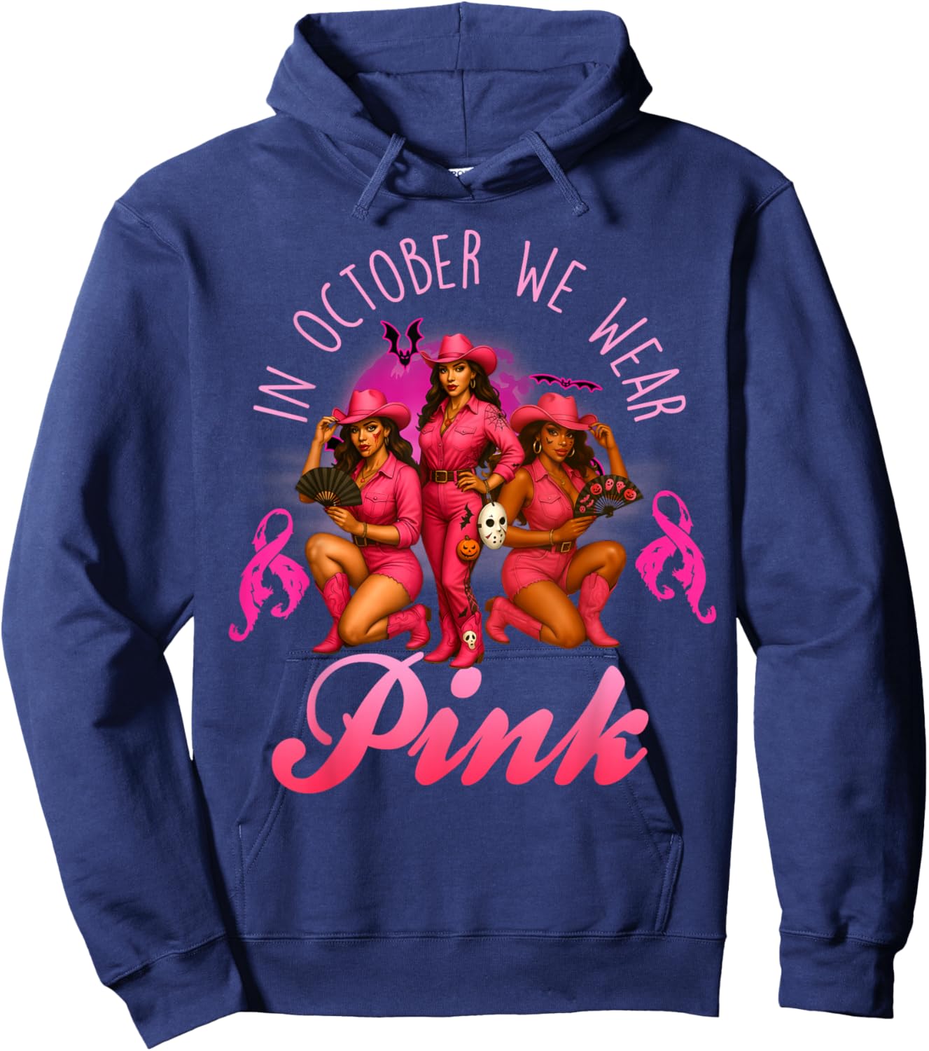 in October We Wear Pink Breast Cancer Halloween Cowgirl Hoodie - Hoodie | Navy