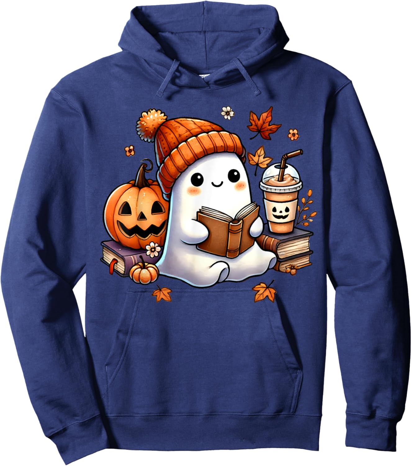 Cute Ghost Reading Book Lovers Halloween Ghost Coffee Women Hoodie - Hoodie | Navy