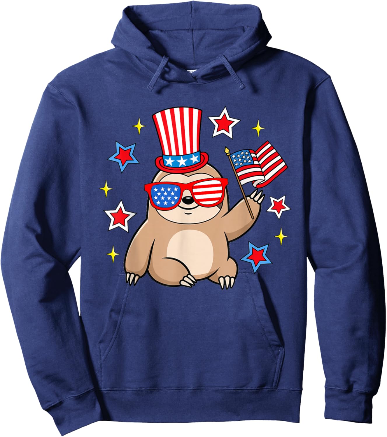 Cute Sloth American Flag Patriotic Funny 4th of July Hoodie - Hoodie | Navy