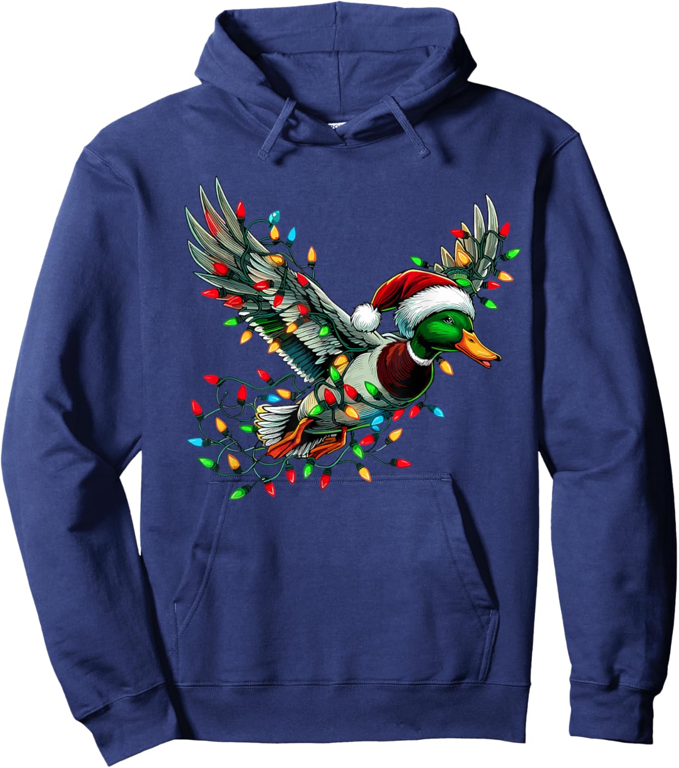 Flying Santa Duck with Christmas Lights Hunting Season Hoodie - Hoodie | Navy