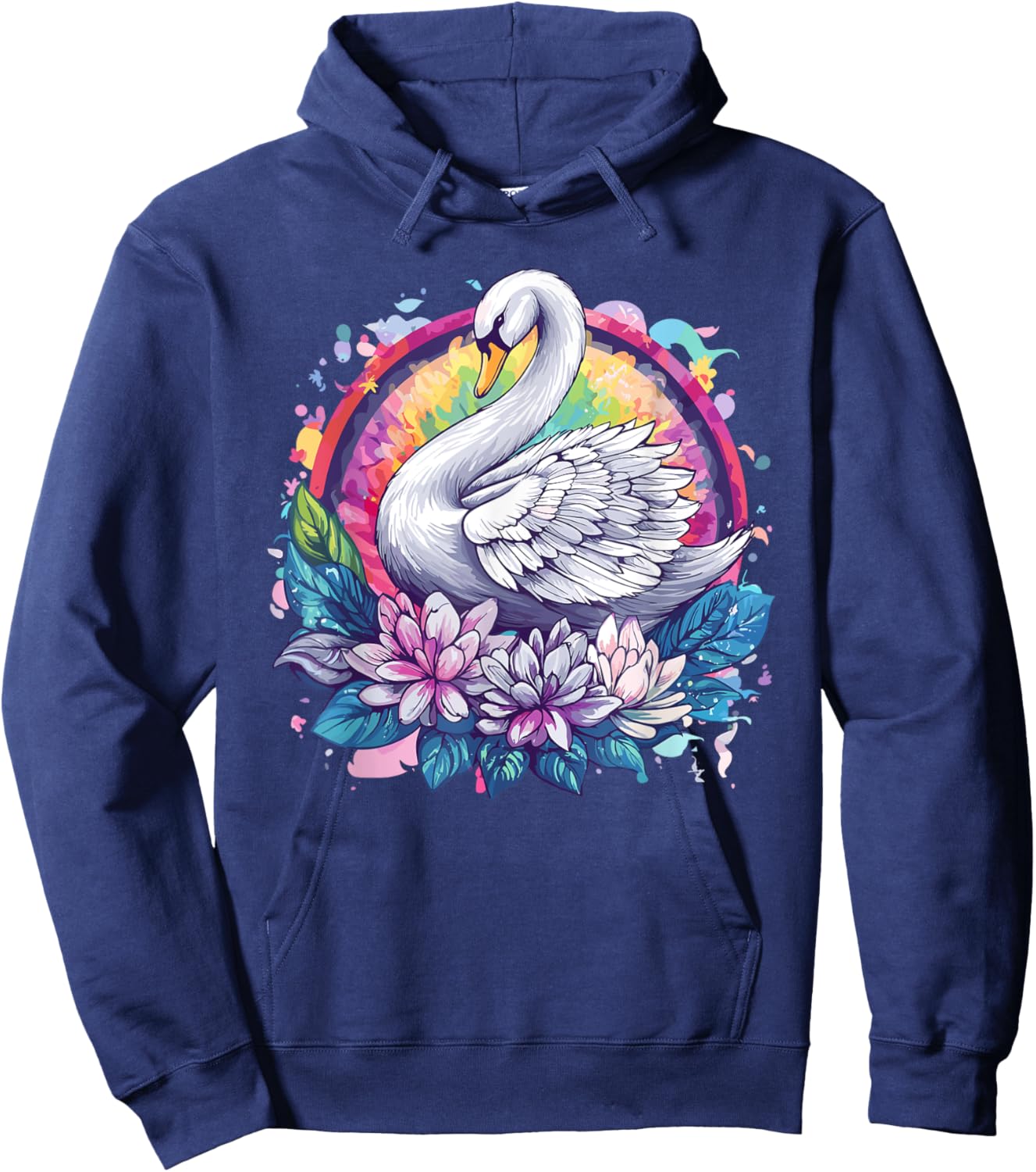 Swan With Floral Rainbow Elegance Hoodie - Hoodie | Navy