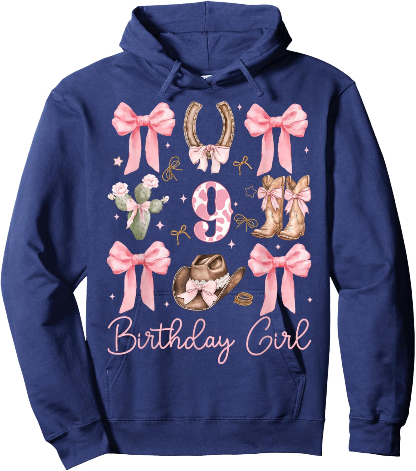 9th Birthday Girl Cowgirl Coquette Bow 9 Year Old Western Hoodie - Hoodie | Navy