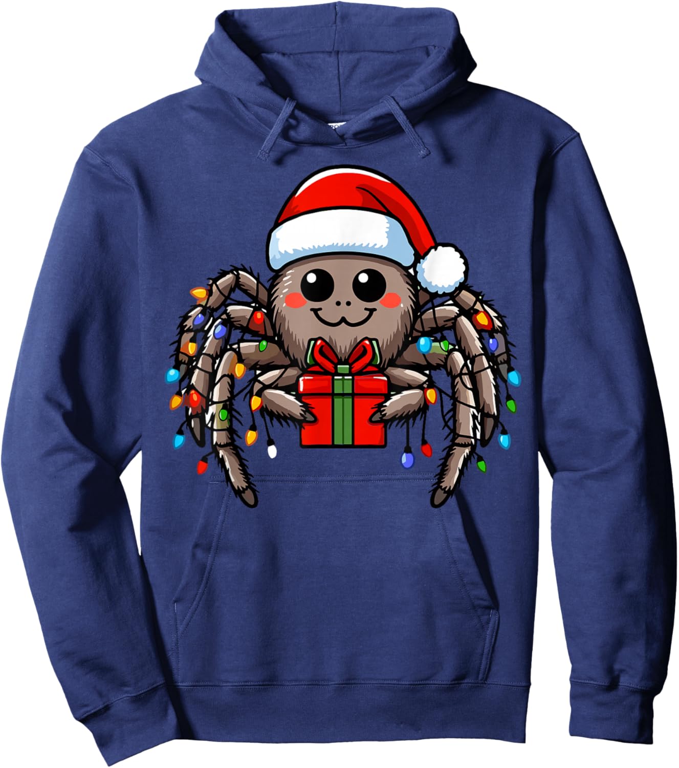 Spider Wearing Santa Claus Hat Holding A Present Box Xmas Hoodie - Hoodie | Navy