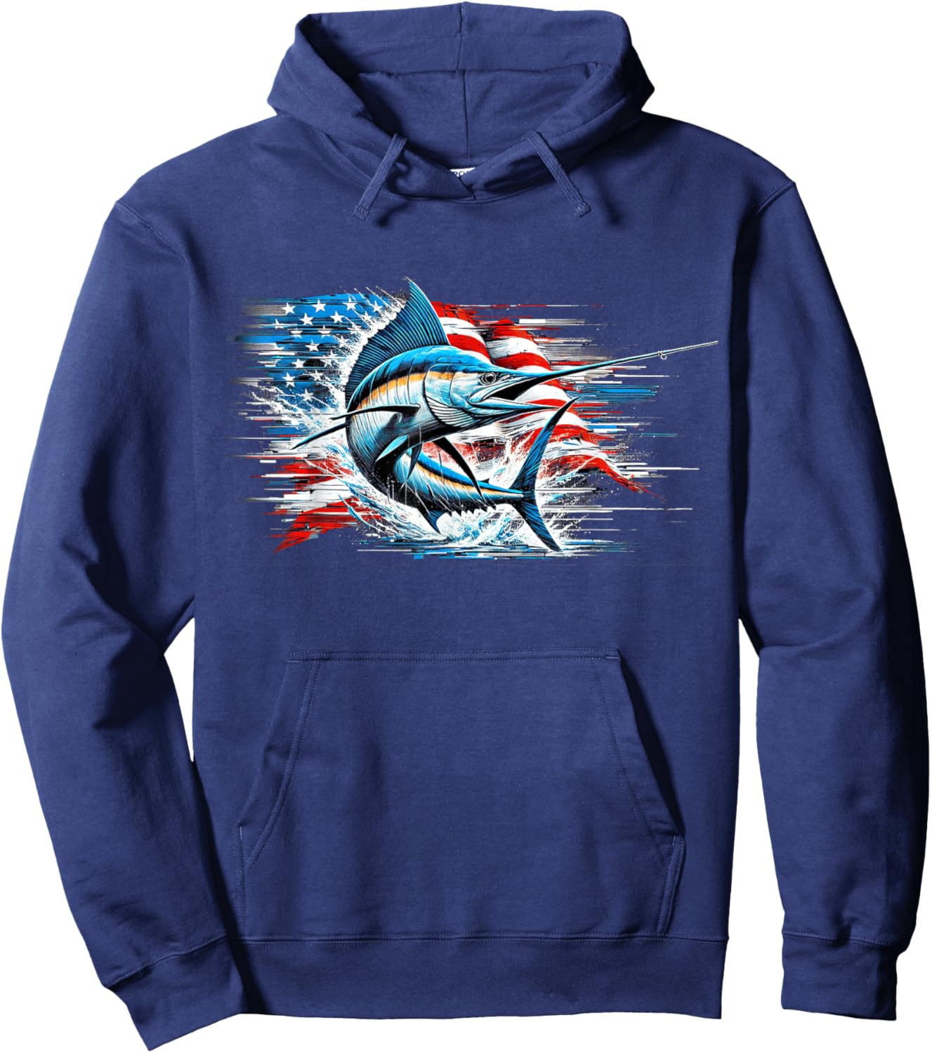 Fishing Marlin Swordfish Fish 4th of July American Flag USA Women Men Hoodie - Hoodie | Navy