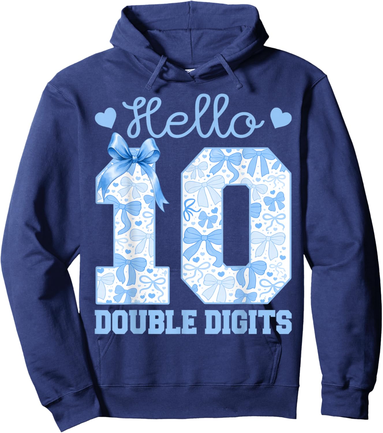 Hello Ten 10th Birthday Blue Coquette Bow 10 Year Girl Hoodie - Hoodie | Navy