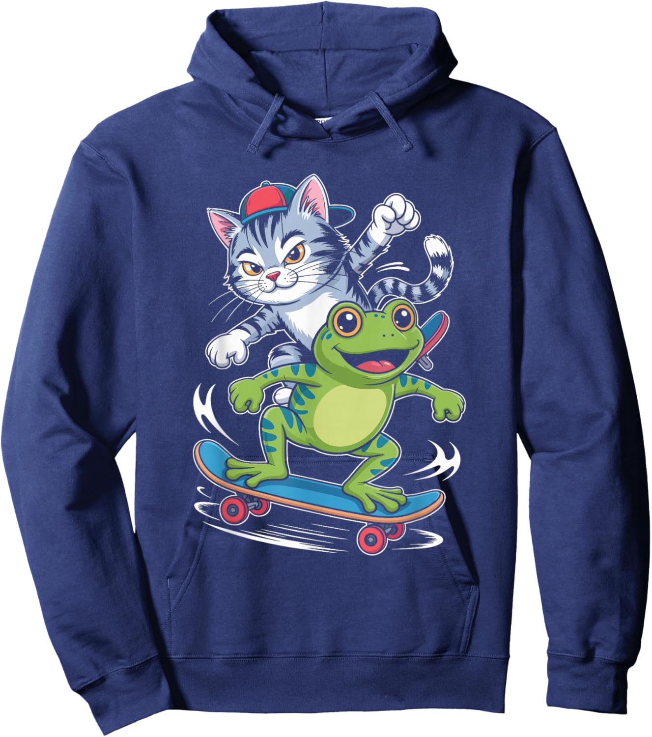 Skateboarding Cat with Frog Sidekick Line Art Hoodie - Hoodie | Navy
