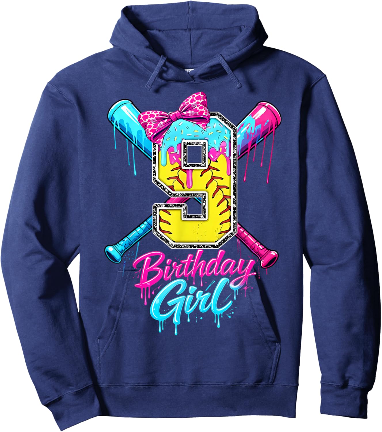 Kids 9th Birthday Girl Softball Ice Cream Drip Coquette Bow Hoodie - Hoodie | Navy