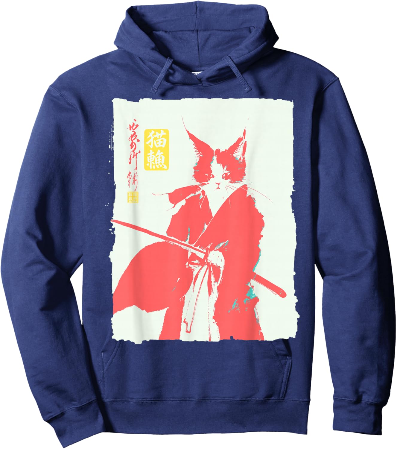 Samurai Cat Japanese Art Funny Anime Manga Graphic Hoodie - Hoodie | Navy