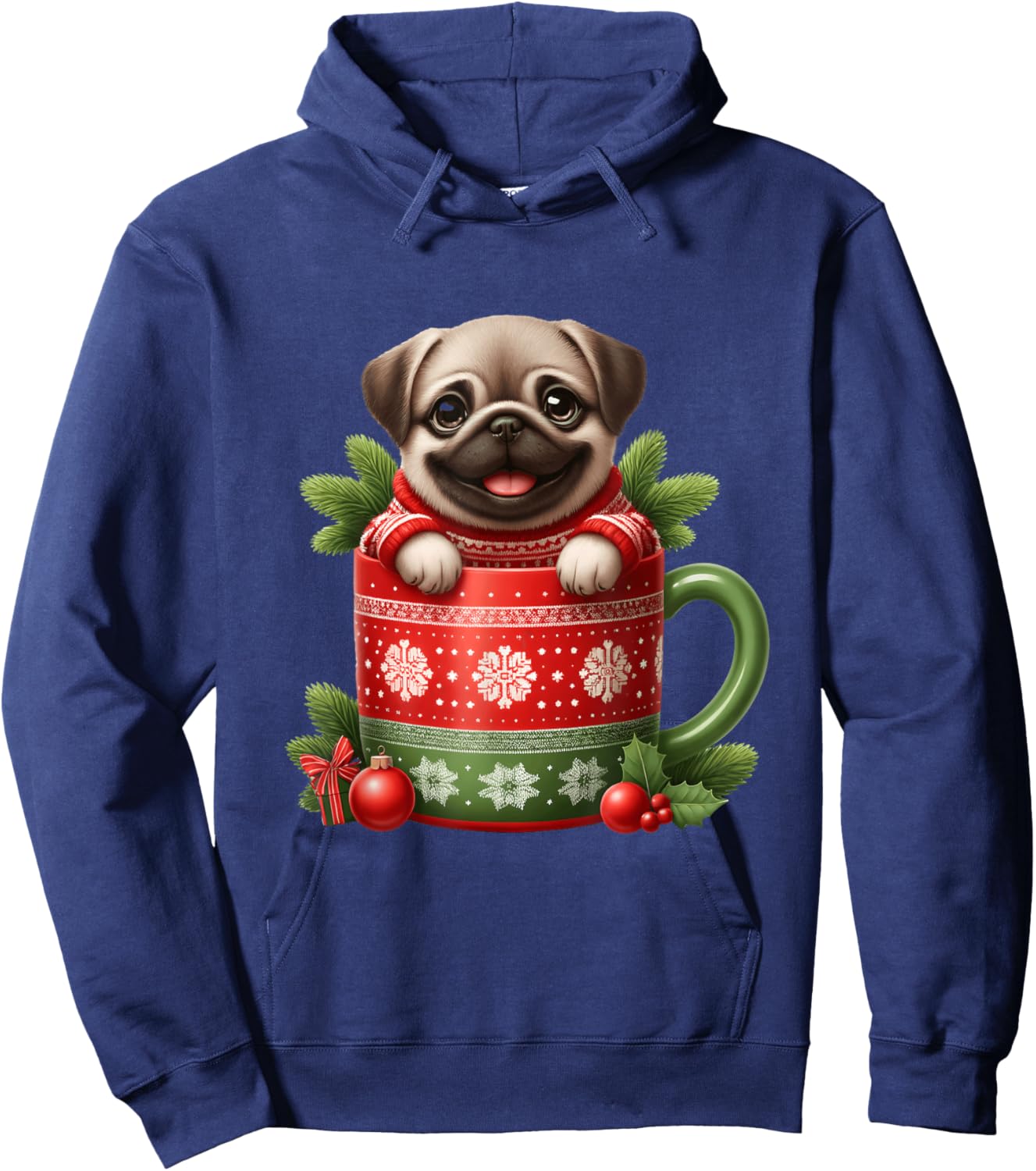 Joyful Pug in Festive Mug Cozy Christmas Hoodie - Hoodie | Navy
