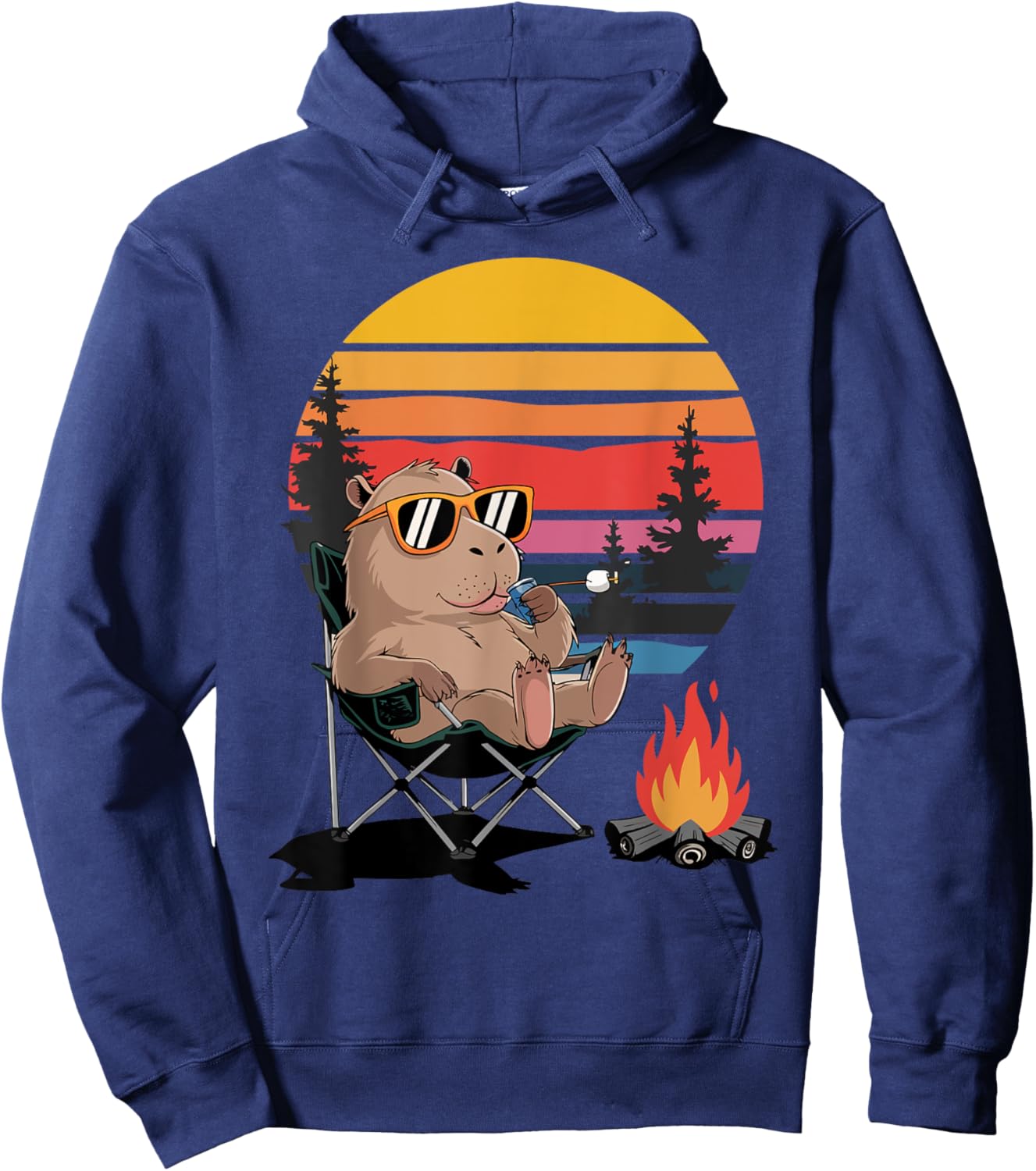 Funny Camping Capybara Graphic Cute Retro Capybara Campfire Hoodie - Hoodie | Navy