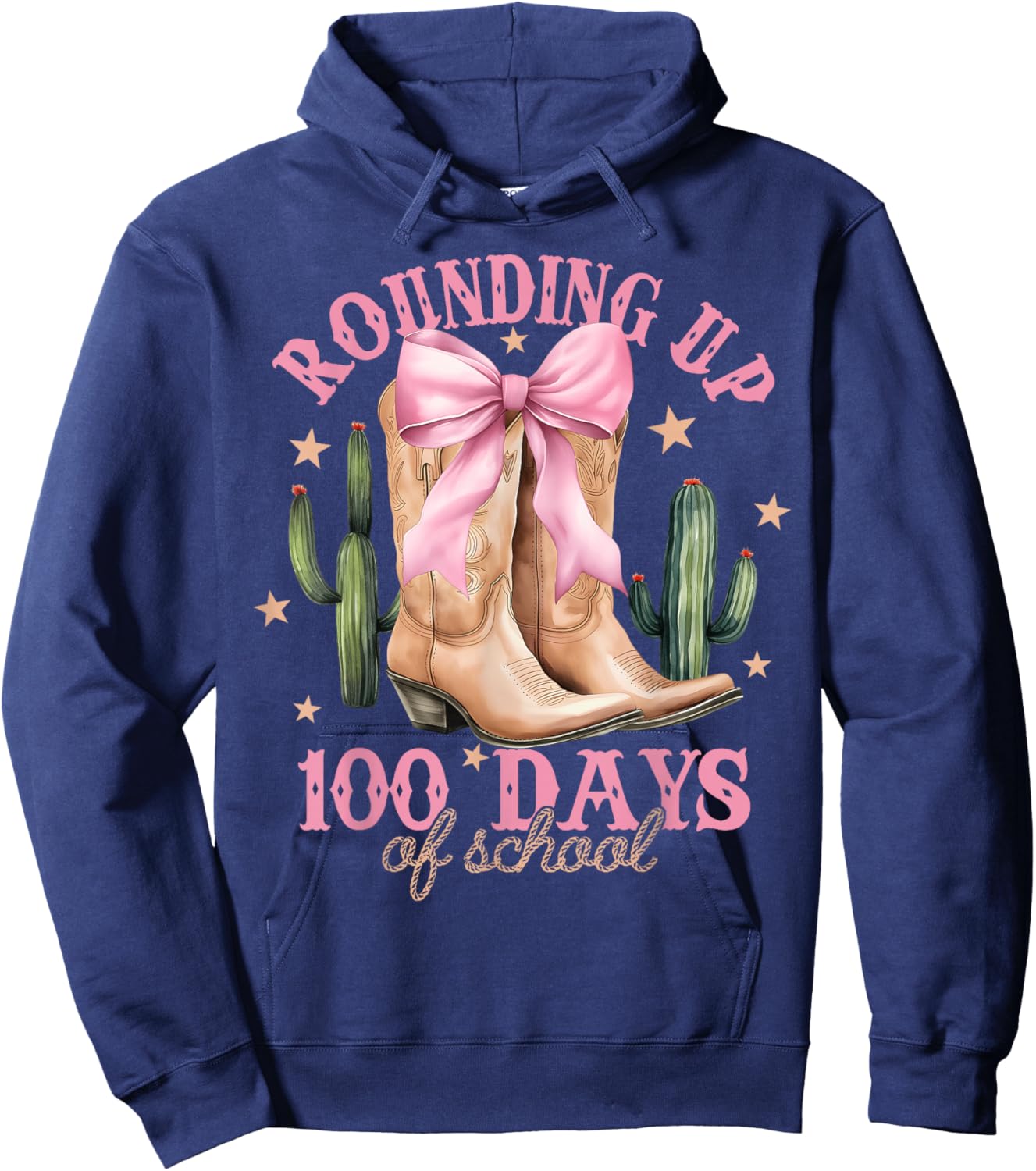 Rounding Up 100 Days Of School Pink Coquette Bow Teacher Hoodie - Hoodie | Navy