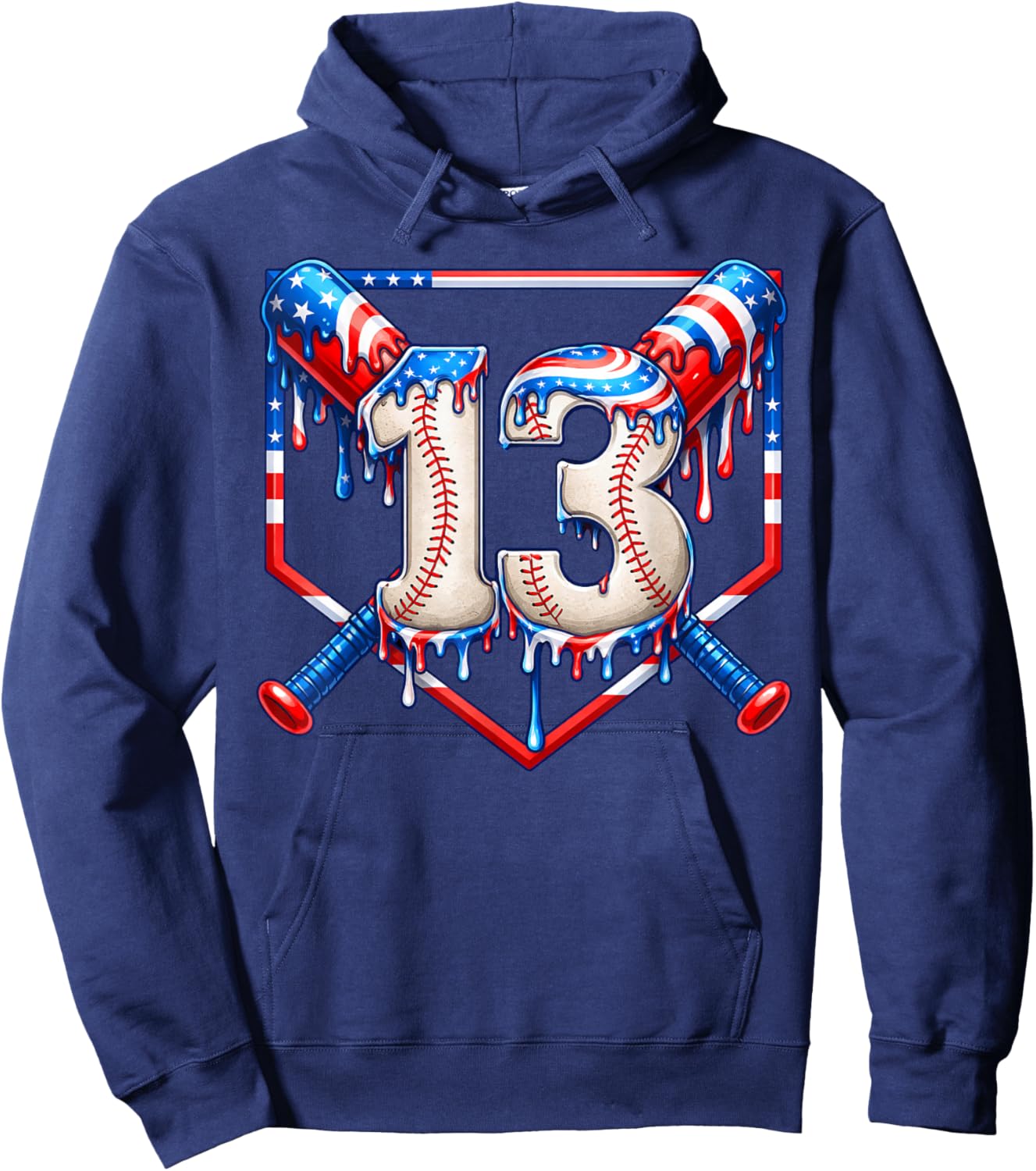 13th Birthday Baseball drip USA Flag Boy Official Teenager Hoodie - Hoodie | Navy